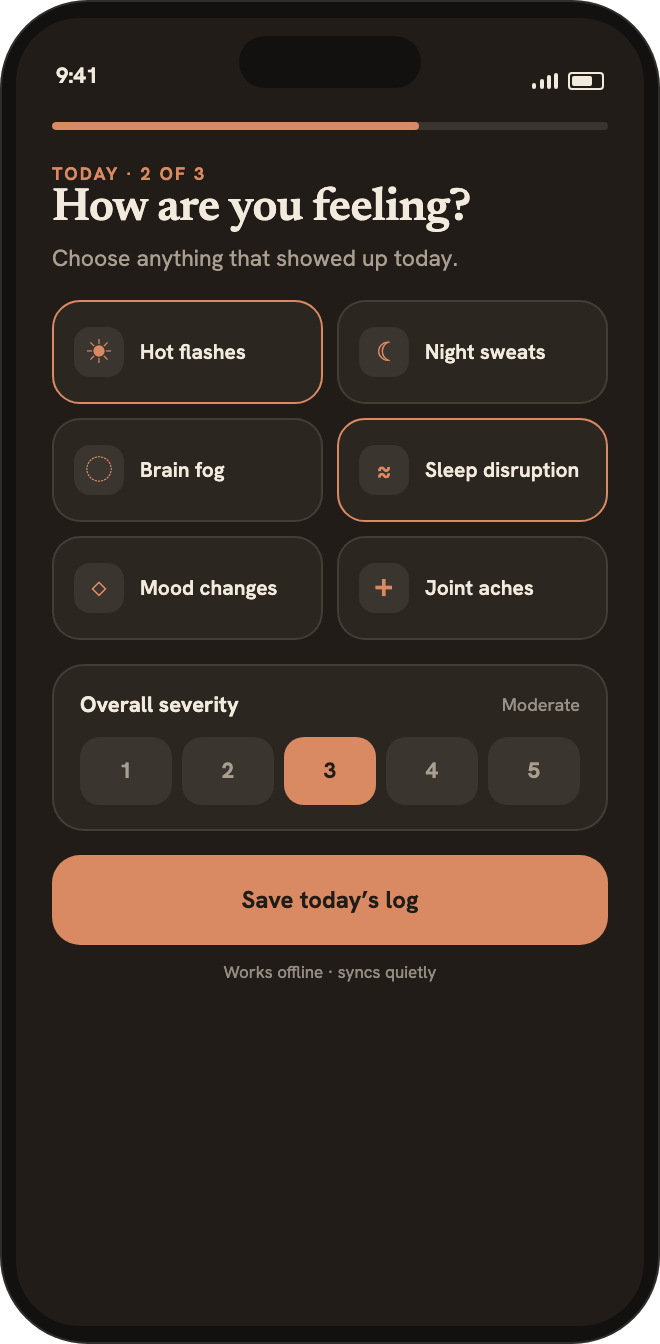 Liora's daily logging screen: a grid of symptom options like hot flash and brain fog, with a 1-to-5 severity scale