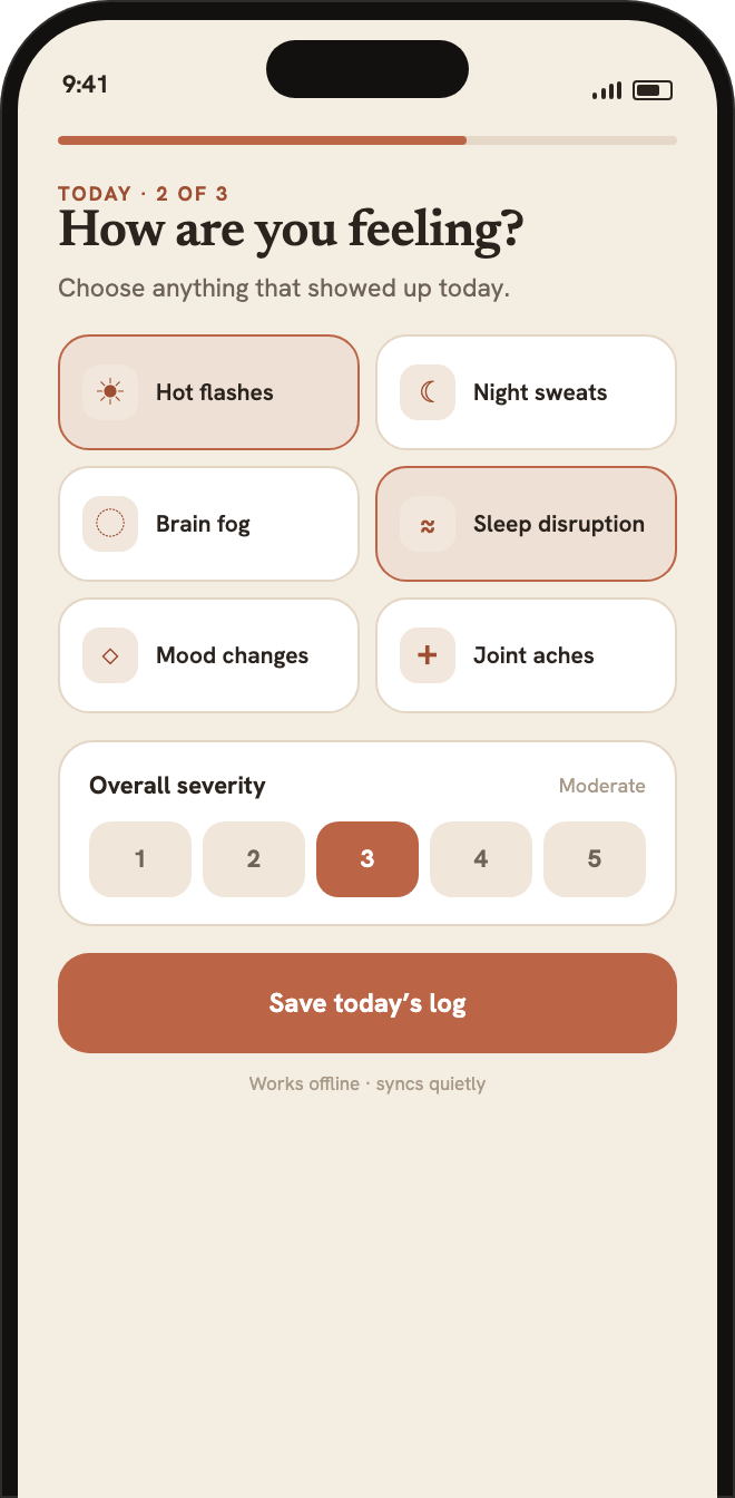 Liora's daily logging screen: a grid of symptom options like hot flash and brain fog, with a 1-to-5 severity scale